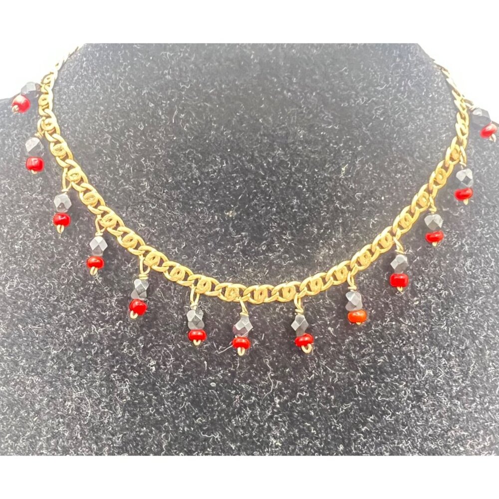 Vintage 1/20 14K Gold-Filled Anklet Bracelet Black Red Bead Charms Dangle 9.5" - Picture 2 of 9